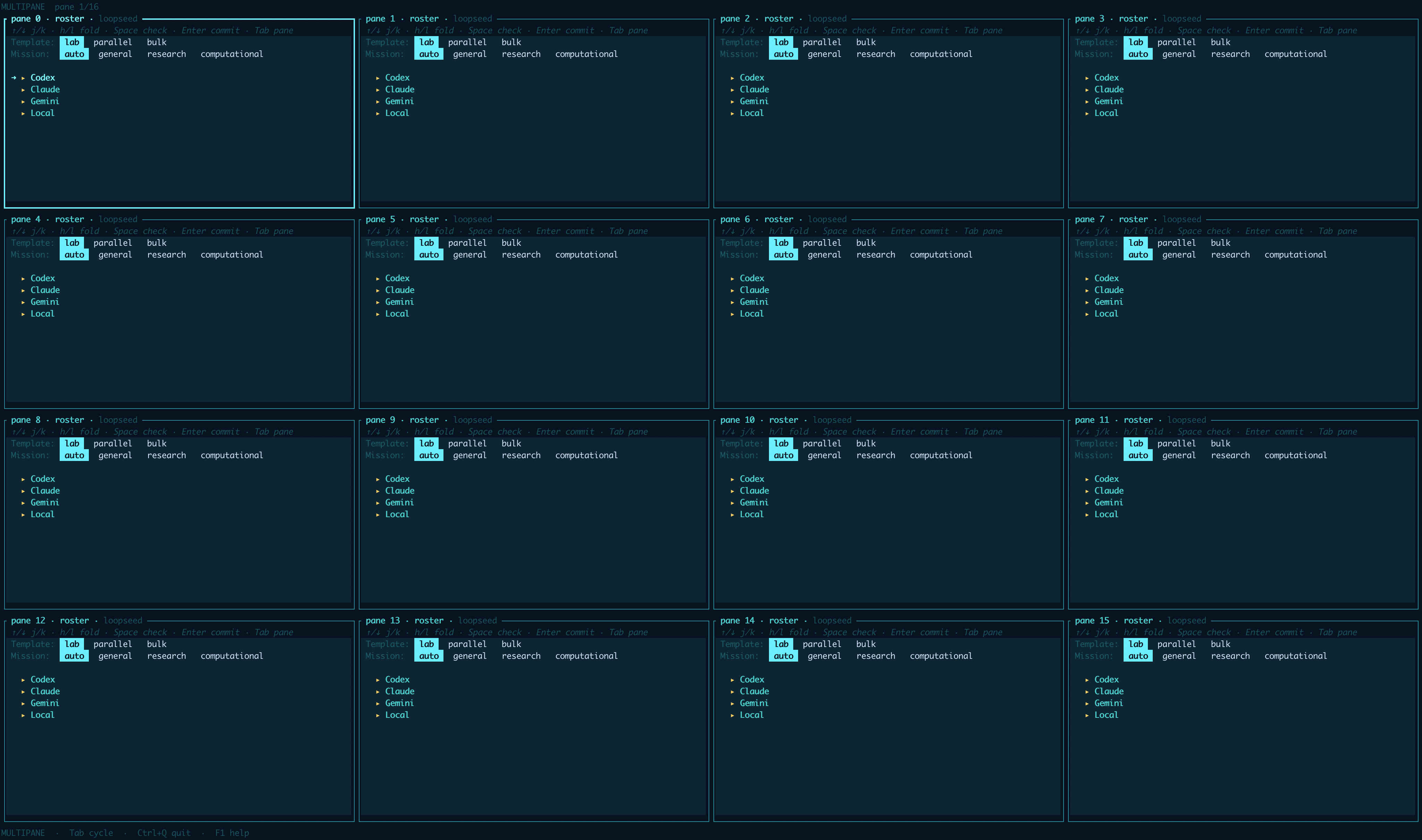nit multipane mode — sixteen independent agent chat panes in a 4×4 grid